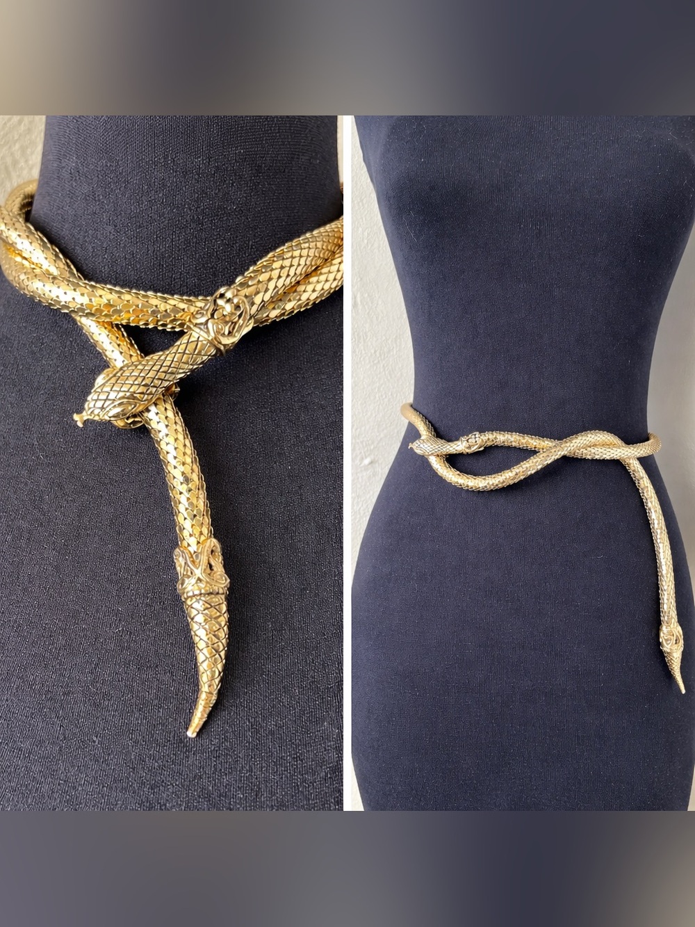 Authentic Whiting & Davis Mesh Snake Necklace Belt Signed Gold Choker Lariat 42”